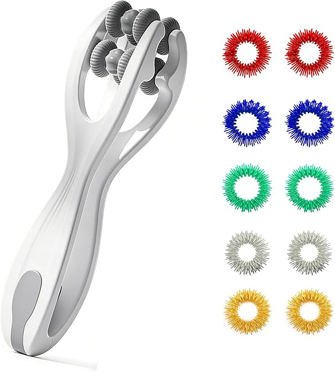 Finger Massager Roller with 10pcs Acupressure Rings - Hand Massager Tools for Finger Pain Relief, Ergonomic Hand Massager for Carpal Tunnel, Rock Climbing Recovery & Workers