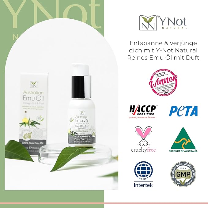 Y Not Natural Pure Emu Oil - Organic Moisture for Face, Body, Hair, Scalp & Nails - Rich in Omega 3-6-9, Vitamins & Essential Minerals - Australian Emu Oil (60ml) 2.03 fl oz - Blue Gum Eucalyptus