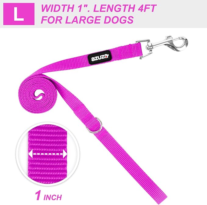 azuza Nylon Dog Collar and Leash Set, Strong & Durable Basic Style Leash and Collar with ID Tag Ring, Available in Multiple Lengths for Large Dogs,Purple,L