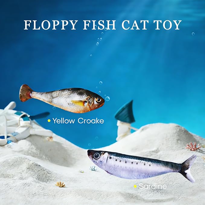 Realistic Floppy Fish Cat Toy with Catnip Toys for Cats Interactive Cat Toys for All Breeds Tap-Activated 3 Flapping Mode Sardine/Yellow Croaker,7.1 Inches,with Catnip,Rechargeable