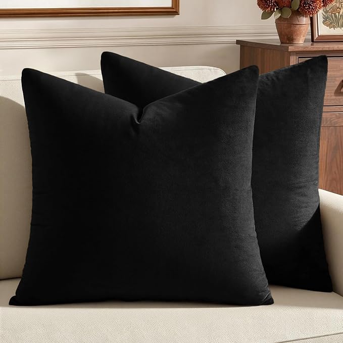 MIULEE 24x24 Inch Pack of 2 Euro Velvet Throw Pillow Covers Black | Soft Solid Decorative Euro Sham, Modern Luxury Home Decor, for King Bed Sofa Couch Bedroom Livingroom