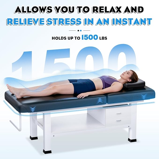 Heavy Duty Frame Professional Massage Table with Adjustable Backrest & Height Legs & Face Pillow, PU Leather, for Treatment,Physical Therapy,Spa Facial Professional Massage (Wood/With Drawers, Black)