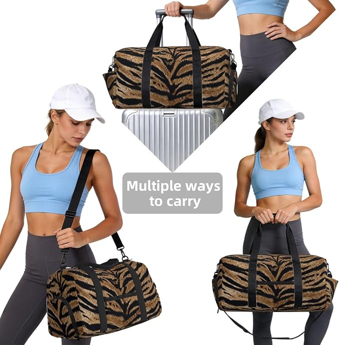 Fiokroo Sports Gym Bag Tiger Texture Pattern Travel Duffel Bag For Men Women With Shoe Compartment Water Resistant Gym Bag Carry On Duffel Bag For Weekend Traveling Yoga Gym Sports