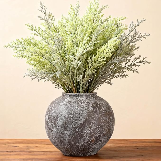 Rustic Ceramic Vintage Farmhouse Vase for Decor (Small Brush Black) | 8.8'' Textured Stone Vase Home Decor, Decorative Terracotta Round Clay vase for Living Room, Table, Shelf, Kichen Décor