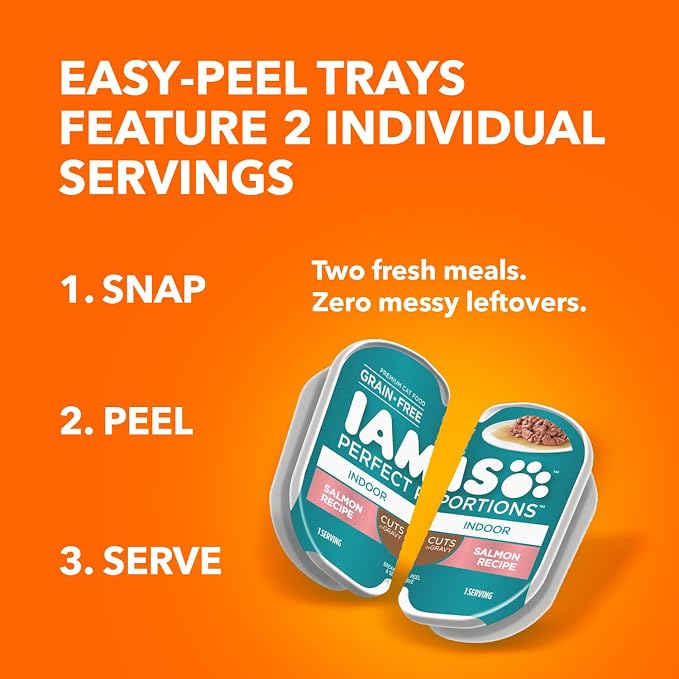 IAMS Perfect Portions Cuts in Gravy Wet Cat Food, Tuna & Salmon, 12 Count | Tuna & Salmon cuts in gravy, 2.6 oz. snap-peel-serve twin packs, Vitamin E immune support, prebiotic fiber, made in USA