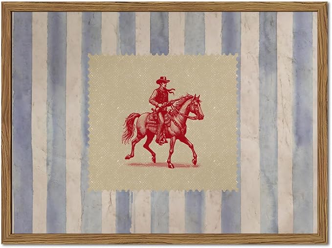 Vintage Western Wall Art, Mid Century Cowboy Rodeo Wall Decor, 16x24 in Framed, Striped Southwestern Poster Canvas Prints Country Horse Riding Artwork for Bedroom Living Room Farmhouse