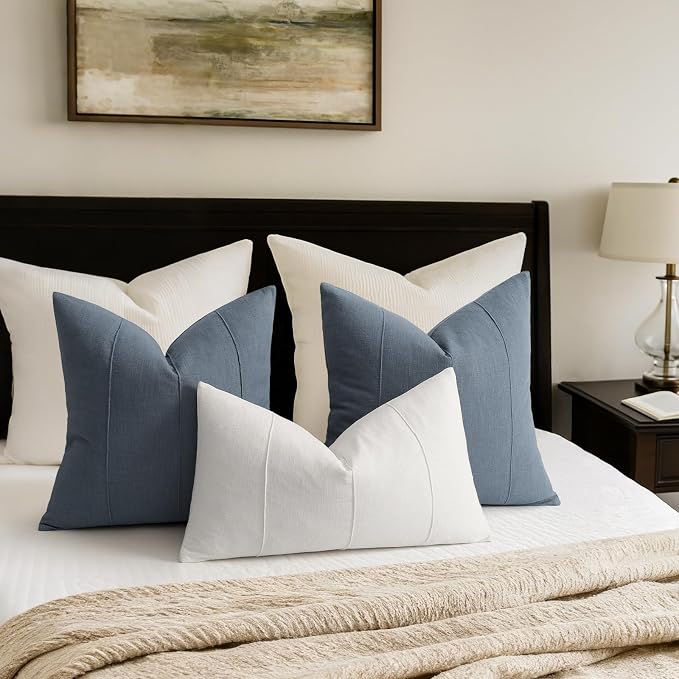 Decorative Linen Throw Pillow Covers 16x16 Set of 2 Solid Handcrafted Striped Cushion Covers for Bed Soft Modern Farmhouse Neutral Pillowcase for Couch Bedroom Living Room Home Decor(Slate Blue)