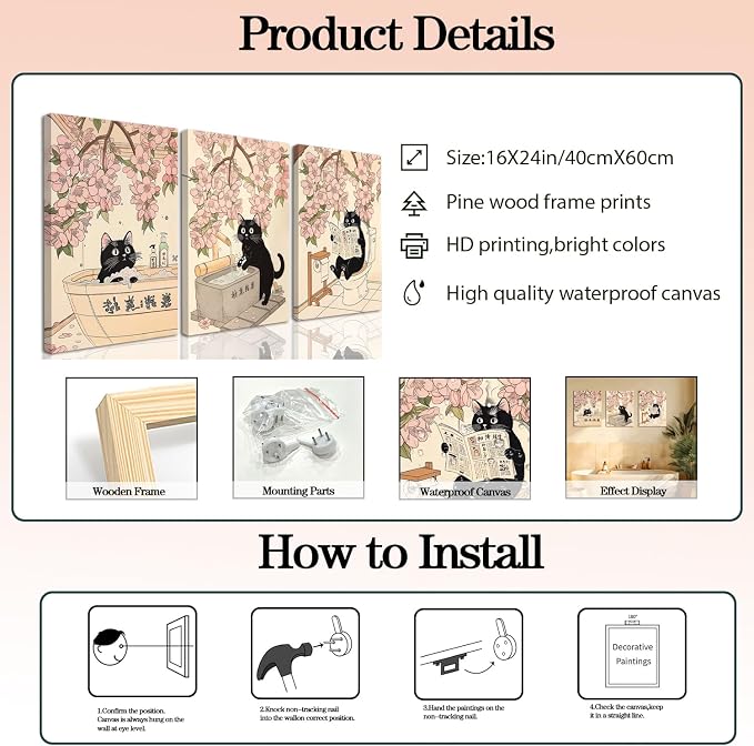 Funny Japanese Bathroom Wall Art Set of 3, Whimsical Black Cat Bathroom Wall Decor Painting Cute Japan Animal on Toilet Reading Poster Canvas Prints 16x24 inch Framed