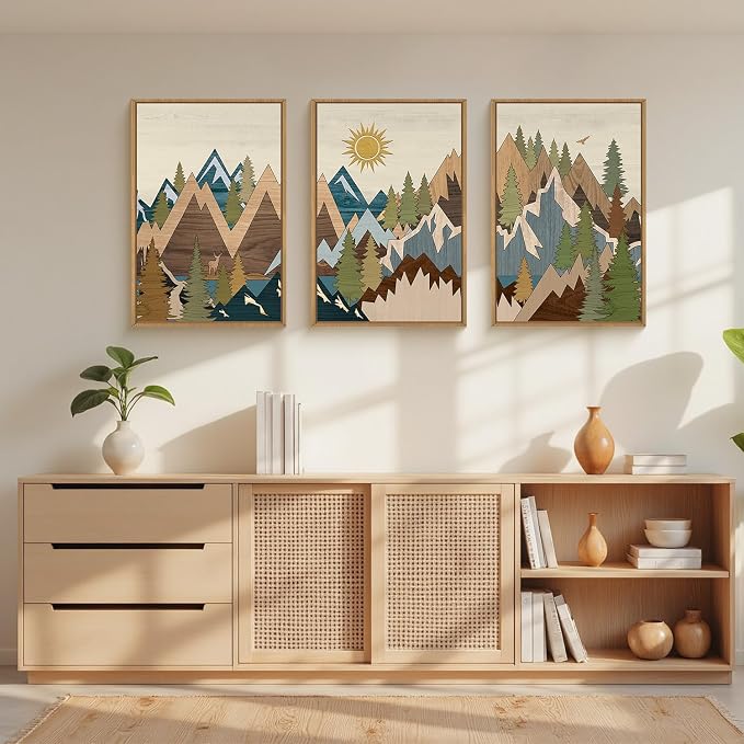 FWIEXA Large Mountain Woodcut Style Canvas Wall Art Set of 3, Sunrise Pine Tree Wall Decor, Forest Animal Painting, Farmhouse Nature Landscape Art, 24x36In Rustic Artwork for Living Room, Bedroom