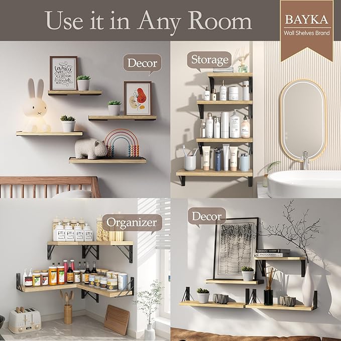 BAYKA Wall Shelves for Bedroom Decor, Floating Shelves for Living Room Kitchen Storage, Wall Mounted Rustic Shelves for Kids Books, Corner Shelf for Bathroom(Carbonized Brown,Set of 4)