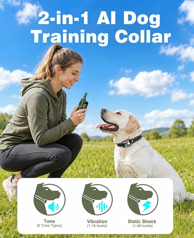 Smart Dog Bark Collar for 2 Dogs, 2-in-1 Remote Control Shock Training Collar with AI Anti-Barking Device for Small/Medium,/Large Dogs, IPX7 Waterproof