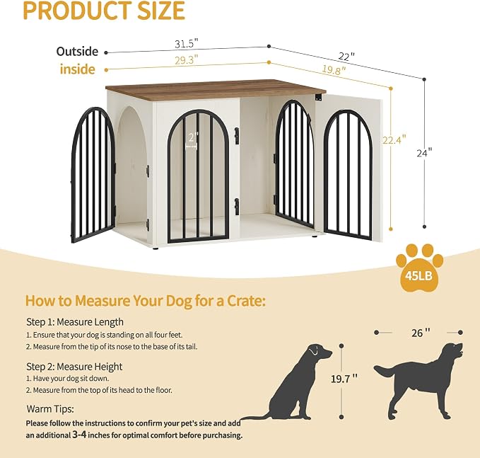 Hzuaneri 31.5'' Dog Crate Furniture,Dog Kennel Indoor for Small/Medium Dogs | Dog Kennel Furniture Wooden Dog Cage Heavy Duty Dog Crate Decorative Pet House End Side Table TV Stand,White Brown DFC85114B