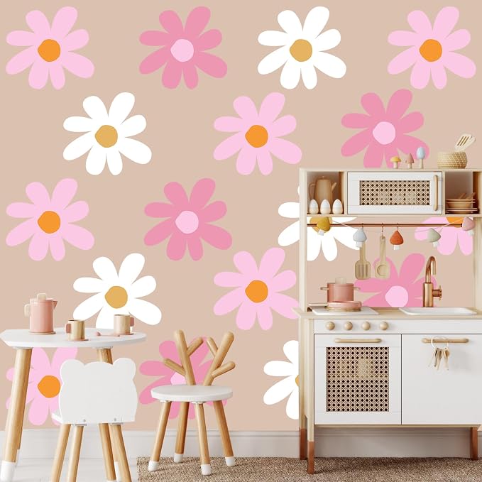 TaoBary 12 Sheet Daisy Wall Sticker Decal,Classic Color,Delicate Style | Big Flower Wall Sticker, Pink White Floral Decal, Daisy Bedroom Room Decor, Removable Peel and Stick, Nursery Home Wall Decor