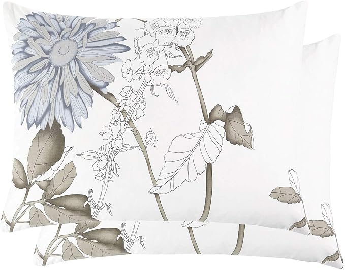Wake In Cloud - Floral Pillow Cases, 100% Cotton Fabric, Vintage Flower Shabby Chic Farmhouse Botanical, Set of 2 Pillowcases Pillow Shams Covers, Gray Beige, Standard Size 20x26 Inches