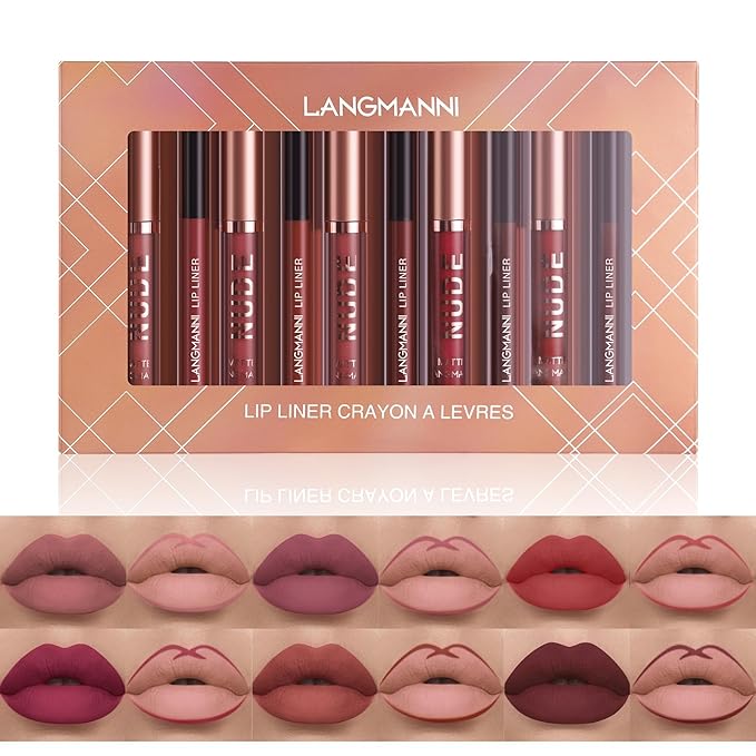 Jolilab 12Pcs Matte Lip Liner + Liquid Lipstick Set, One Step Velvety Nude Lip Stain Waterproof Long Wear High Pigment Lip Makeup Gift Set（Set A