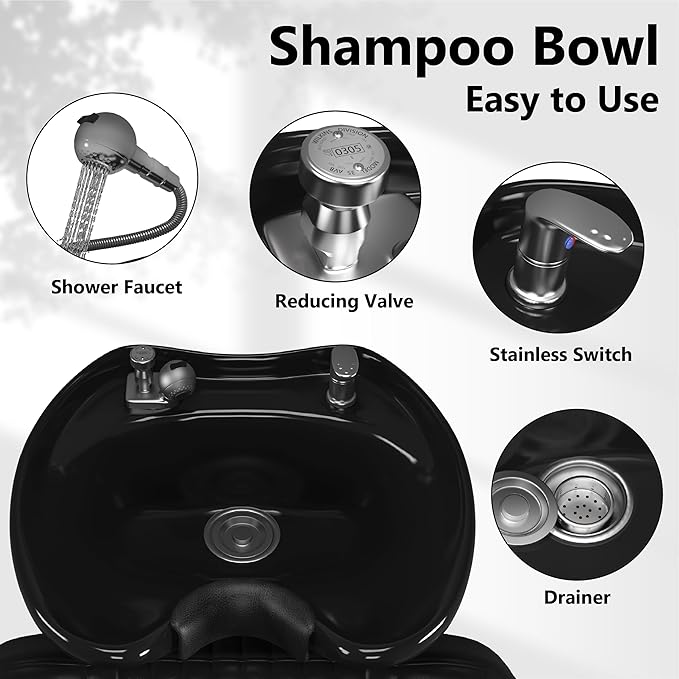 Barber Backwash Chair, Salon Shampoo Bowl and Chairs, Shampoo Unit with Neck Rest, Hair Washing Station with Ceramic Bowl, Shampoo Bowl Sink Chair Station for Spa Beauty Salon, Black
