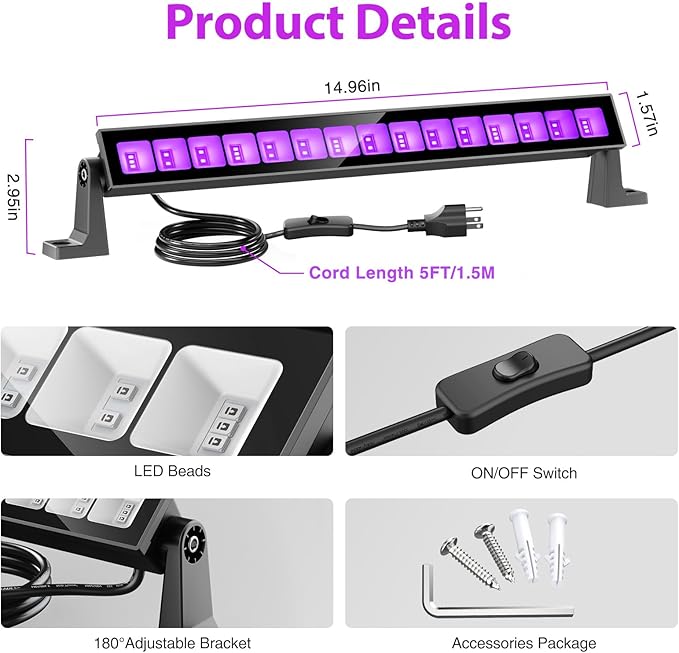 45W LED Black Light Bar,Black Lights for Glow Party,Waterproof Blacklight with Plug & Switch, Halloween Light for Glow in The Dark Party Supplies,Bedroom,Body Paint,Stage Lighting,4 Pack