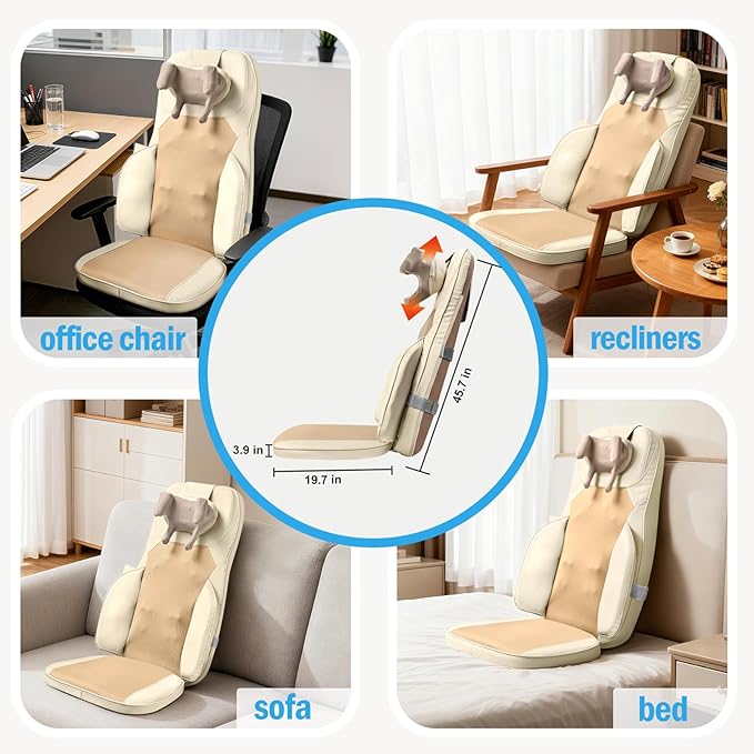 Shiatsu Massage Cushion with Heat for Neck and Back - 4D Kneading, Vibration and Dual-Neck Design, Adjustable Intensity and Height, Help with Muscle Stiffness, for Office Chair, Home, Beige