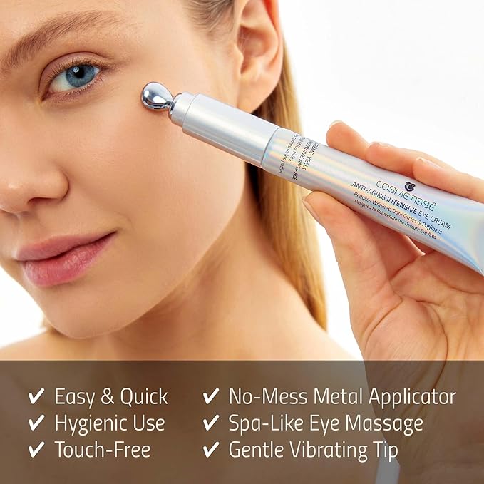 Cosmetisse Intensive Eye Cream with Vibrating Metal Applicator, Snail Secretion Filtrate, Shea Butter & Vitamin E, Helps Reduce the Appearance of Dark Circles, Puffiness & Fine Lines (0.68floz/20ml)