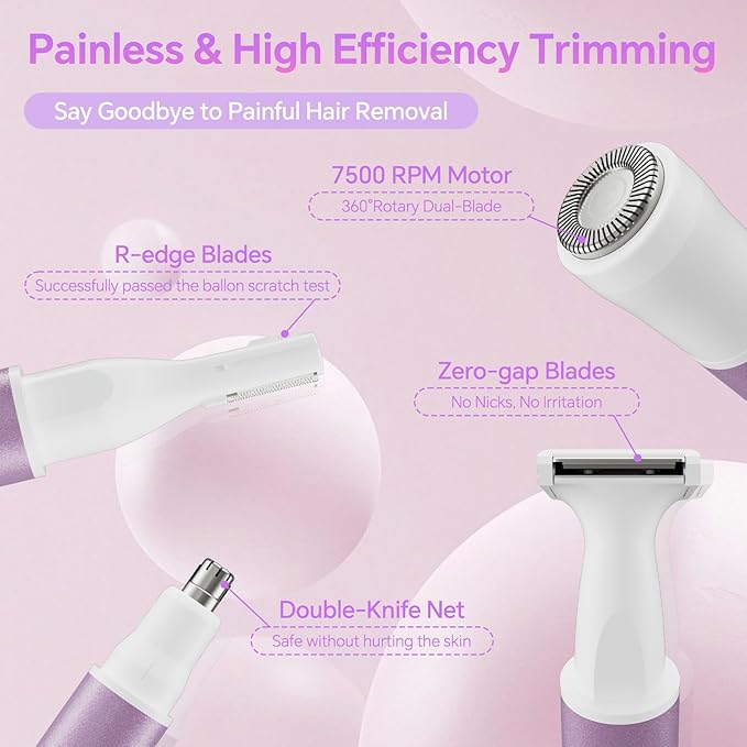 Nose Hair Trimmer for Women, 4-in-1 Electric Eyebrow Trimmer with LED Display, Painless & Waterproof Facial Hair Removal, USB-C Rechargeable Hair Shaver Razor for Nose Ear Eyebrow Peach-Fuzz Lips Chin
