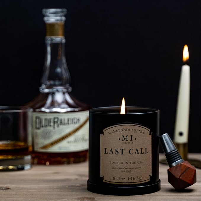Manly Indulgence Last Call Scented Candles for Men, 16.5 oz Single Wick, Premium Soy Blend Wax, 60H Burn, Candles for Home Scented – Made in The USA