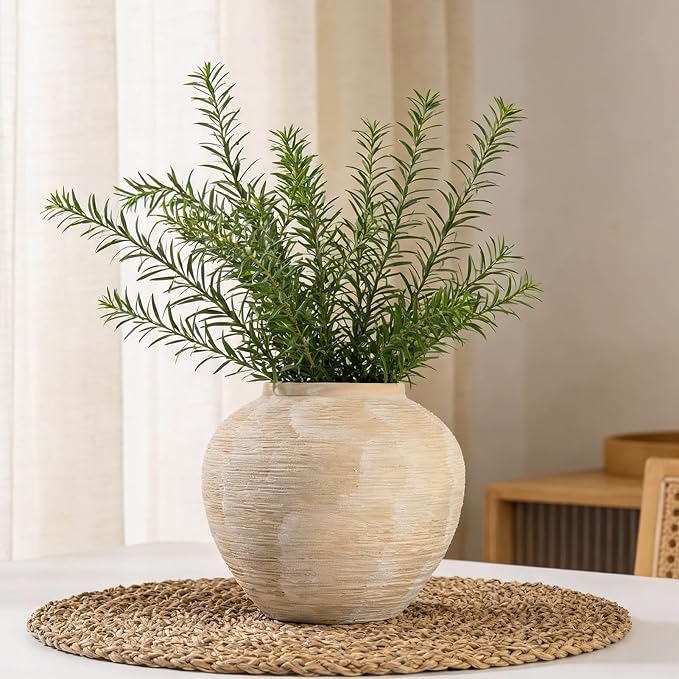 Rustic Ceramic Vintage Farmhouse Vase for Decor (Large Ribbed Whitewash) | 8.8'' Boho Decorative Vase for Home Decor, Round Clay Terracotta Bowl vase for Living Room, Table, Shelf, Centerpieces