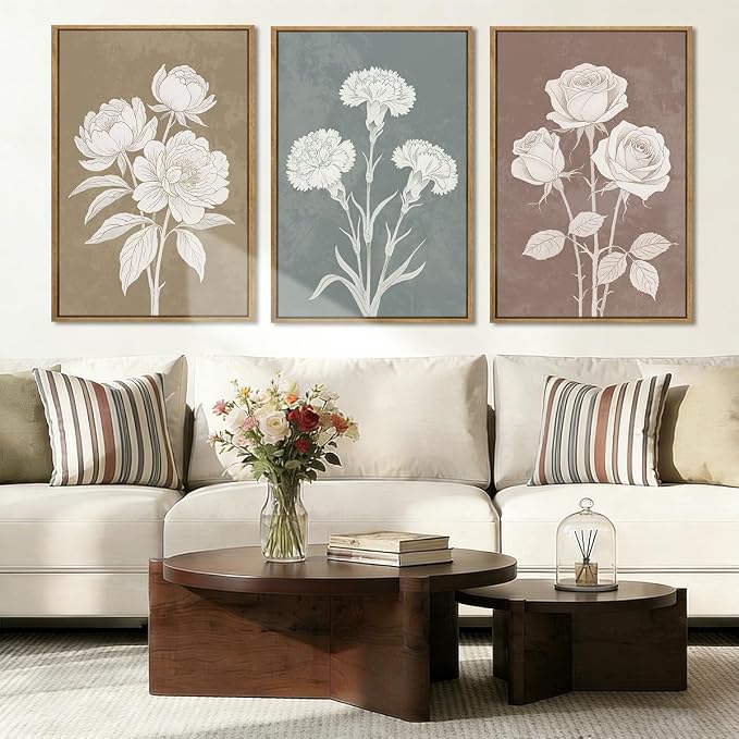 BINCUE Extra Large Neutral Botanical Wall Art Decor Floral Painting Flower Print for Living Room Bedroom Bathroom Dining Room 24x36 Inches 3 Piece
