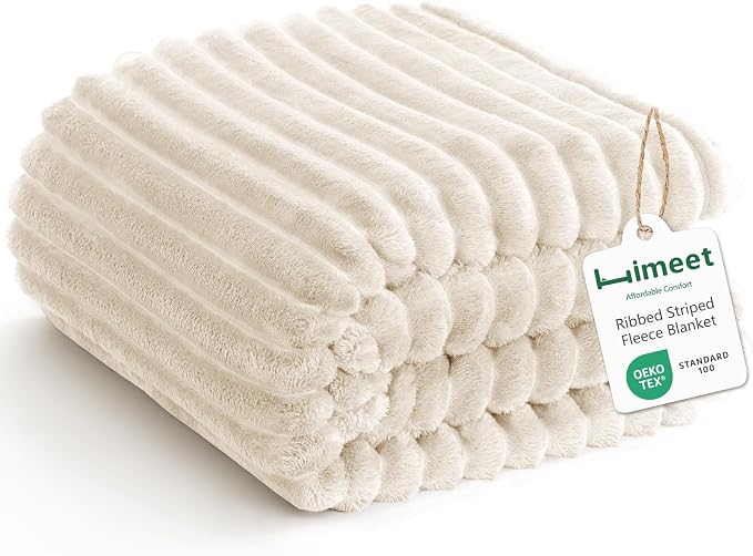 HIMEET Beige Oversized Throw Blanket, 300GSM Ribbed Fleece, 50 x 70 Inches | Ultra Soft Flannel, All-Season Lightweight Warmth, Extra Coverage for Couch Lounging, Home Room Decor, Machine Washable