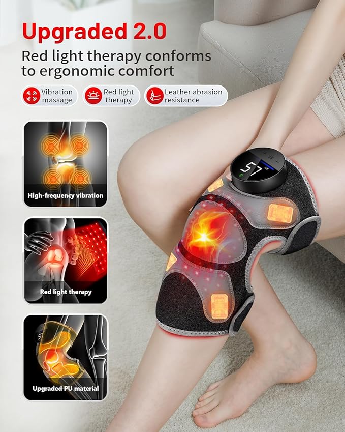 Upgraded PRO Red Light Therapy Knee Brace & 4 Vibration Massage - Rechargeable Controller, 660nm&850nm Red Light Therapy Heated Device for Knee/Elbow/Shoulder