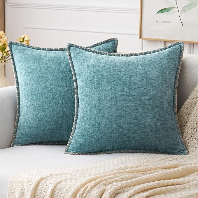 MIULEE Decorative Couch Throw Pillow Covers 18x18 Inch Coastal Aqua Blue | 2 Pack, Farmhouse Pillow Covers with Stitched Edge, Soft Chenille Cushion Cases, for Sofa Bed Living Room Home Decor