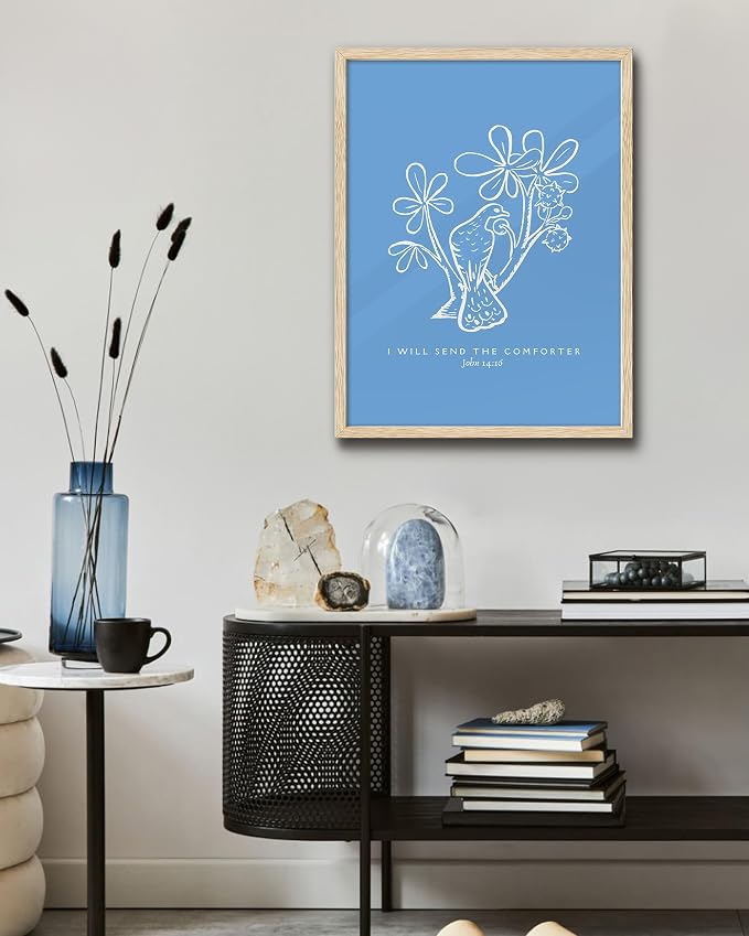 EcoHest 12x16 in John 14:16 I Will Send The Comforter Christian Wall Art | Natural Oak Wood Frame，Canvas Wall Art, Bible Verse Holy Spirit Floral Decor for Bedroom, Living Room, Office, Church, 1Pack