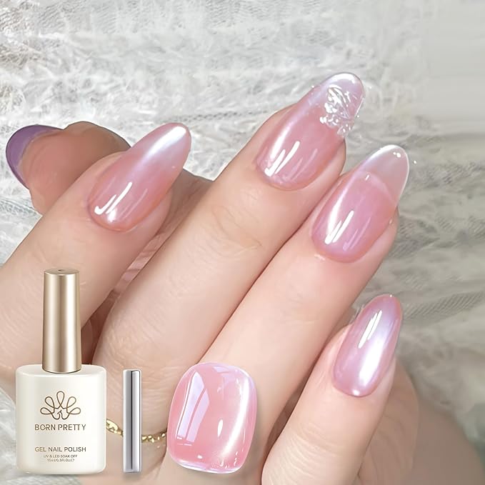 Born Pretty Cat Magnetic Eye Gel Nail Polish,15ML Water Light Soft Pink Magnetic Gel Polish Jelly Glass Crystal Nail Polish Glitter Shimmer Auroras Gels Nail