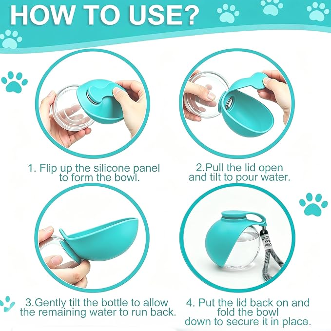 Dog Water Bottle Portable, 2in1 Round Dog Water Bowl PET 10oz