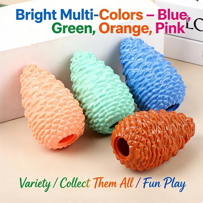 4-Pack Pine Cone Dog Chew Balls – TPR Interactive Treat Dispenser Toy for Small & Medium Dogs, Teeth Cleaning & Boredom Relief, Includes Brown, Green, Blue&Orange，3.86 x 2.28 Inch