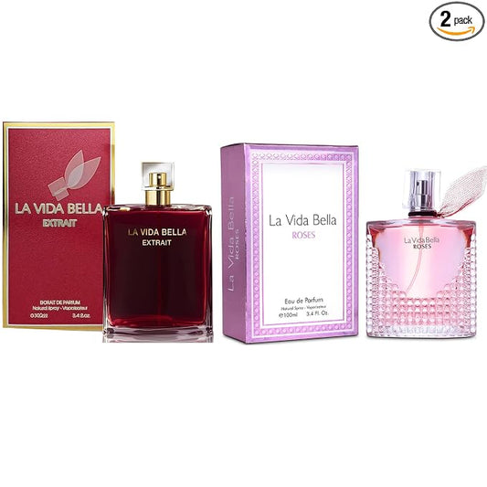 A CENTER La Vida Bella Extrail&La Vida Bella Rose Perfume Set for Women - Floral Fragrance Gift Set with Coconut,Vanilla,Patchouli,Floral & Sweet | 3.4 Fl Oz Each Women Perfume Set