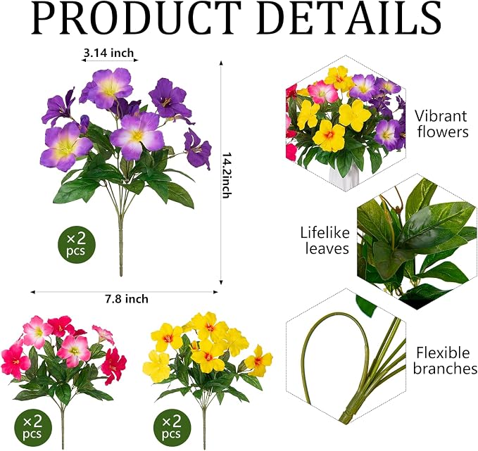 Fake Artificial Flowers for Outdoors 6 PCS Azalea Bouquet Silk Flowers for Outside UV Resistant Faux Flowers Plants for Outdoor Planters Realistic Spring Home Front Door Patio Garden Porch Decor