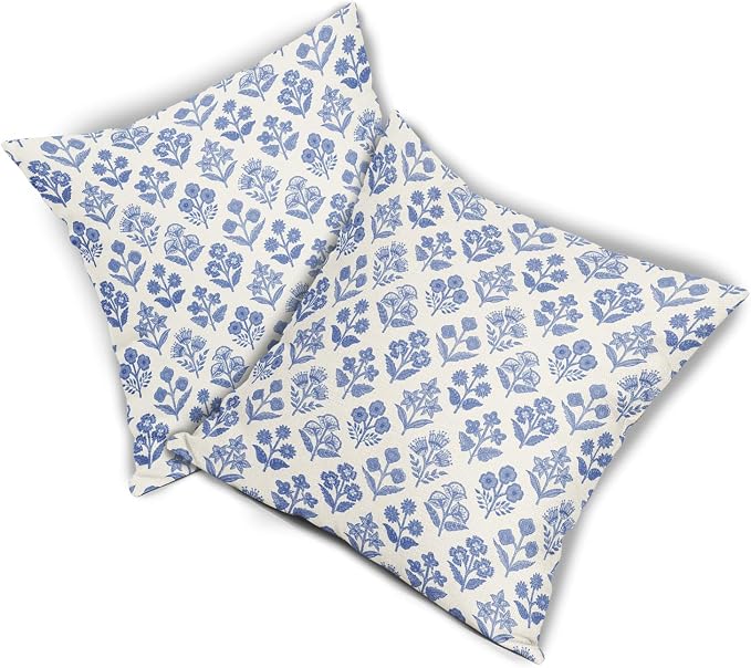 Blue Floral Block Print Pillow Covers 16x16 Inch Set of 2, Vintage Flower Decorative Throw Pillowcases for Home, Outdoors