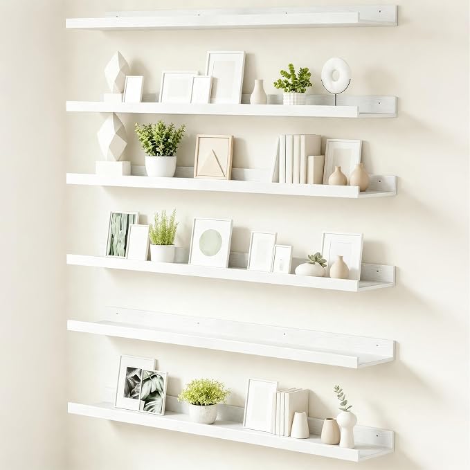 upsimples Floating Shelves for Wall Decor and Storage, White, 6Pcs 47.3'' | Wall Mounted Wood Shelves for Living Room, Bedroom, Kitchen, Office, Hallways Display and Organize Photos