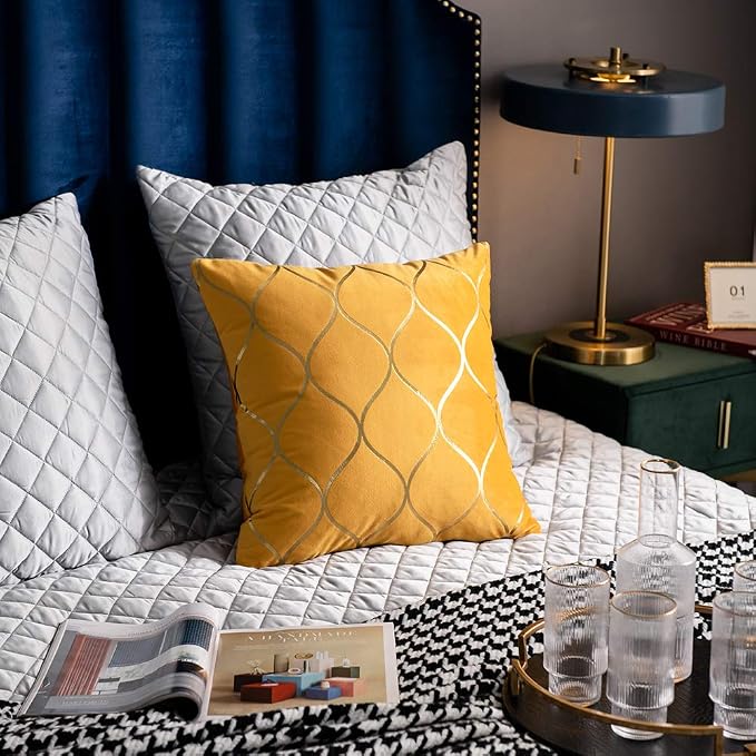 18x18 Inch Gold Velvet Throw Pillow Covers: 2 Pack Square Decorative Pillow Cases for Bedroom Sofa Couch Living Room, Yellow