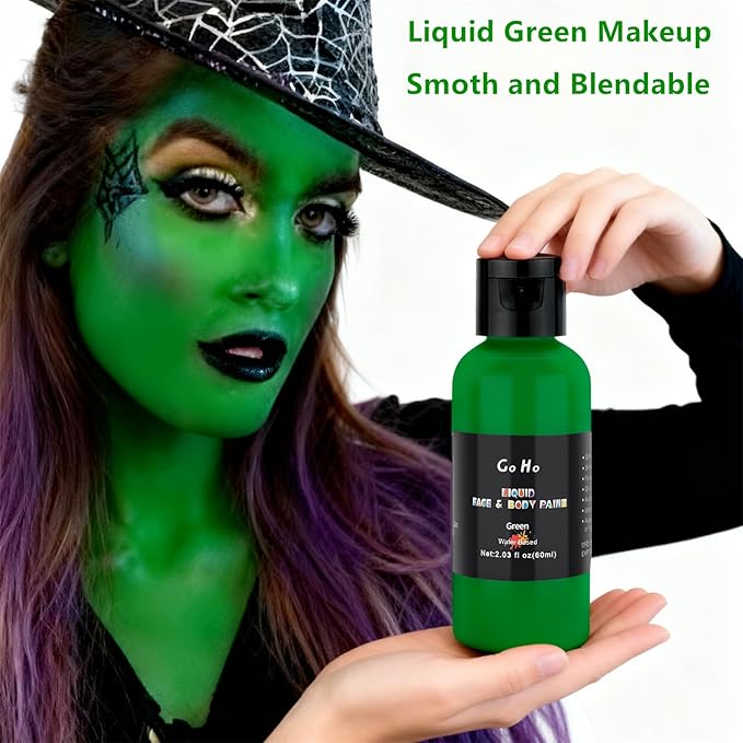 Go Ho Liquid Green Face Body Paint(2.1 oz),Green Based Water Based Face Paint and Body Paint for Airbrush Makeup Special FX, Cosplay, and Halloween Costumes Witch Hulk Makeup