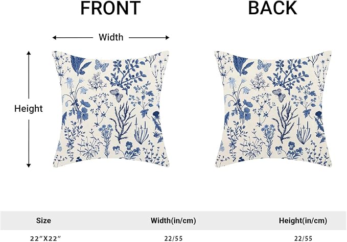 AEIOAE Summer Pillow Covers 22x22 Inch Set of 2,Navy Blue Wild Flower Plant Throw Pillows Case,Seasonal Floral Outdoor Decorative Square Linen Farmhouse Decor Cushion Covers for Home Couch Sofa Bed