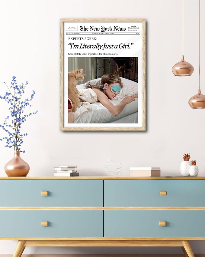 EcoHest 16x20 in Audrey Hepburn I'm Literally Just a Girl Framed Wall Art | Solid Oak Wood Frame with Canvas Wall Art, Vintage Newspaper Wall Decor for Bedroom, Bathroom, Apartment, Dorm Room, 1Pack
