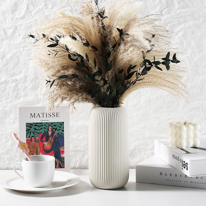 Bohemian Beige Ceramic Vase - for Pampas Grass, Mantel, Bookshelf, Entryway and Living Room Decor (Beige, 8in-Pill)