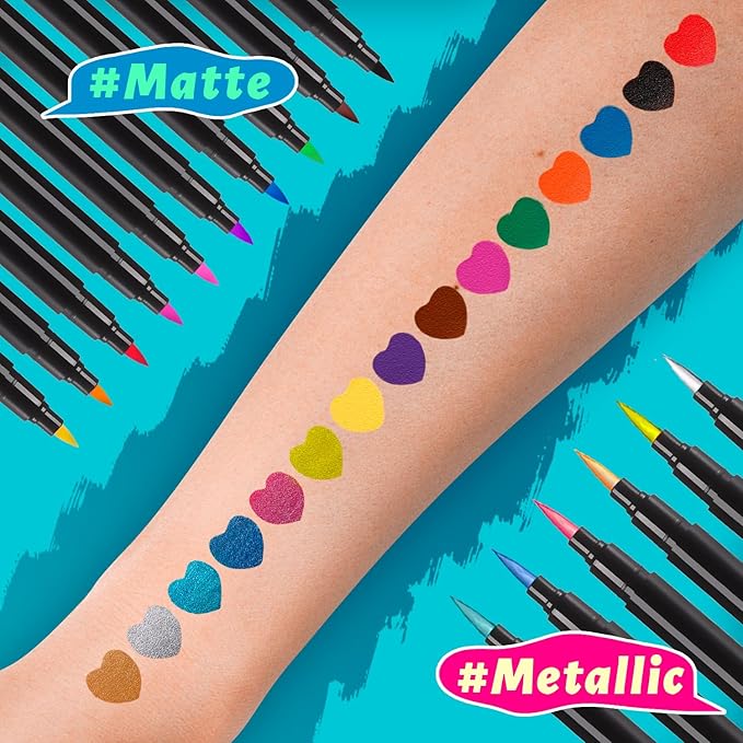 Temporary Tattoo Markers for Skin, 16 Colors Dual-Tip Tattoo Pens + 43 Tattoo Stencils + 50 Tattoo Stickers, Skin-Safe Glitter & Matte Body Markers, Washable Tattoo Kit for Kids Adults