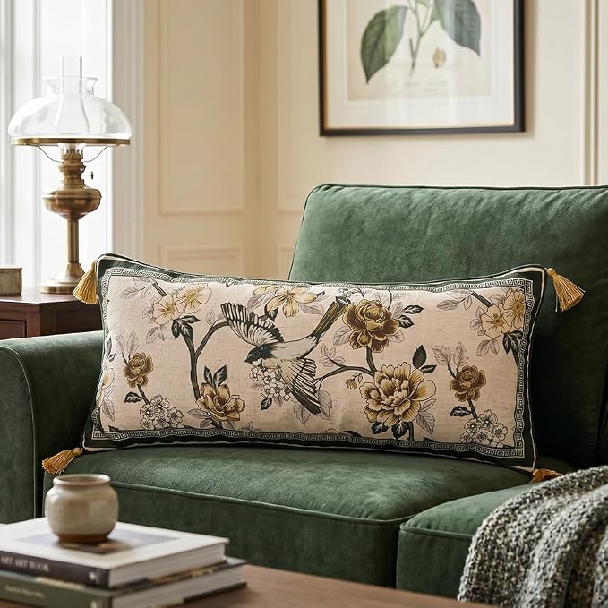 Vintage Linen Rectangle Throw Pillow Cover,Set of 2,28"x12"-Murad A | Designer French Decor Pillow Cover,Concealed Zipper Design,Floral and Bird Pattern,Sofa,Bedroom,Living Room,Lounge Chairs