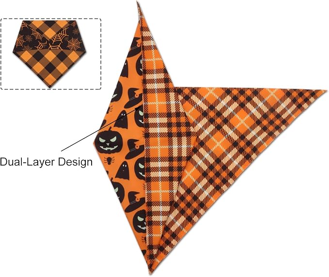Fall Dog Bandanas 2PCS Halloween Pumpkin Spider Web Small Dog Cat | Reversible dog bandanas for fall & Halloween & Thanksgiving. Orange plaid/pumpkin/Spider Web design. Fits small dog cat