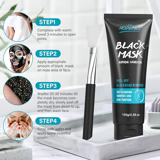 POP MODERN.C Blackhead Remover Mask Bamboo Charcoal Peel Off Mask Skin Care Face Mask 3-in-1 Kit Pimple & Deep Cleansing Black Facial Mask Shrink Pore With Blackhead Remover Extractor Tools