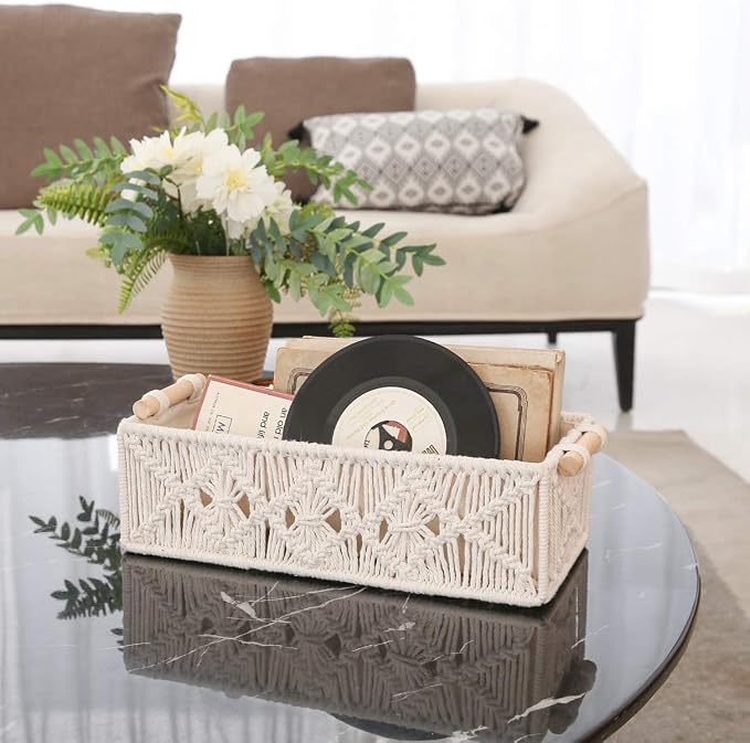 Mkono 2Pc Macrame Storage Basket, Boho Decor Toilet Paper Holder, Ivory | Small Baskets for Organizing, Hand-Woven, Bohemian Beach Coastal Decor, Shelf Vanity Cabinet Bedroom Living Room Office Dorm