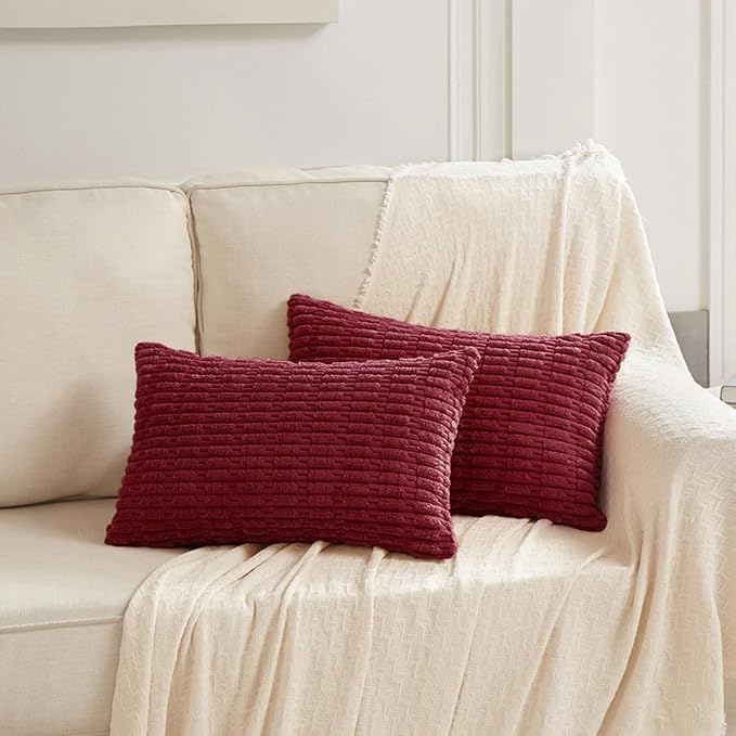 Fancy Homi Decorative Throw Pillow Covers for Bed Couch Bedroom Bench, Soft Corduroy Solid Pillow Case, Rustic Farmhouse Boho Room Decor,20" x 12" (Pack of 1),Burgundy