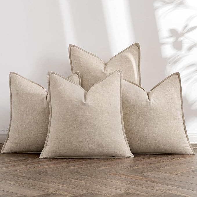 MIULEE Beige Boho Linen Decorative Pillow Covers 24x24 Inch Pack of 4 | Natural Decorative Throw Pillow Covers, Soft Farmhouse Couch Pillowcases, Modern Home Decors for Living Room Bed Sofa